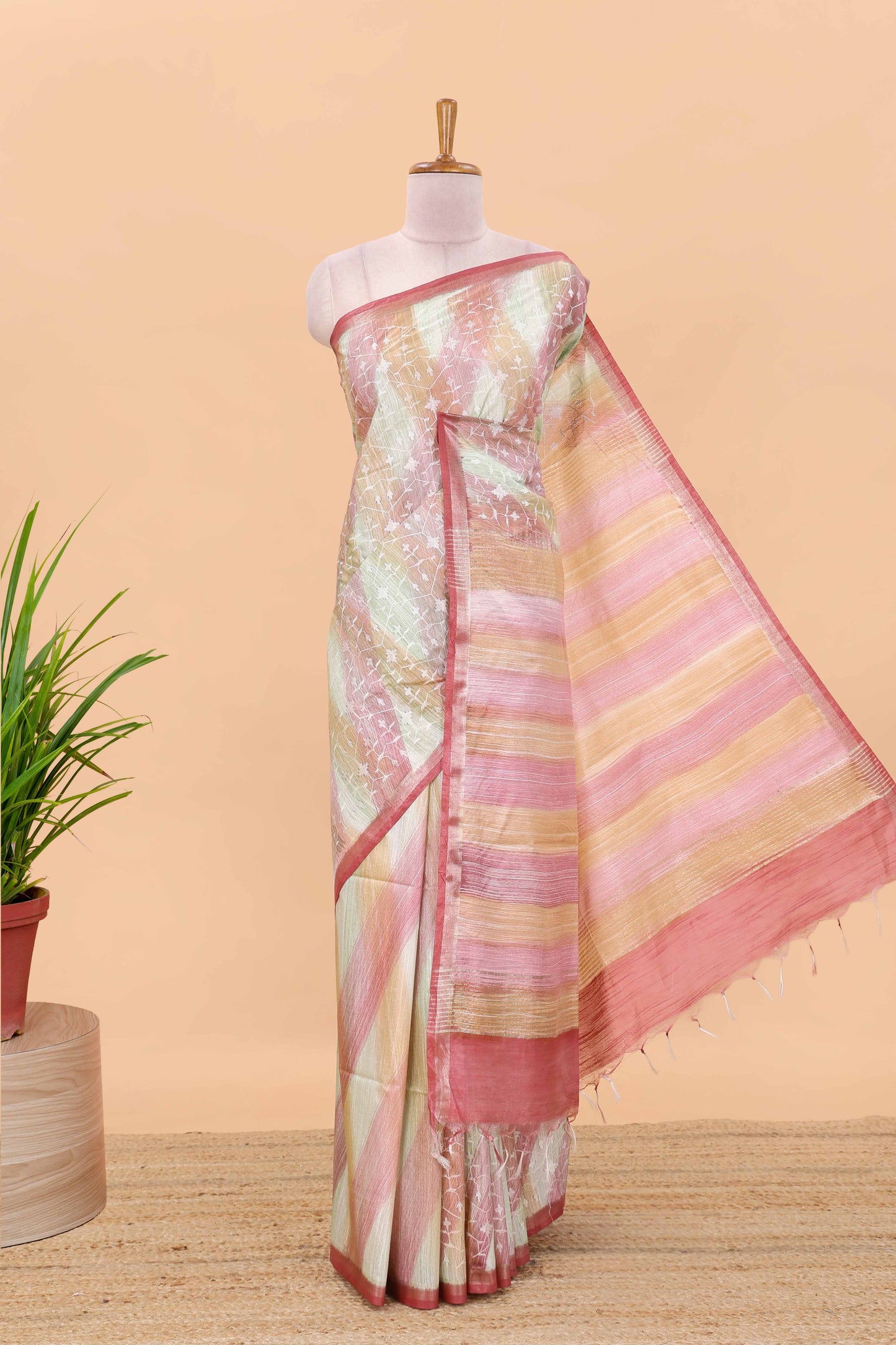 Multi color stripes chikankari cotton saree with thread work and self pallu