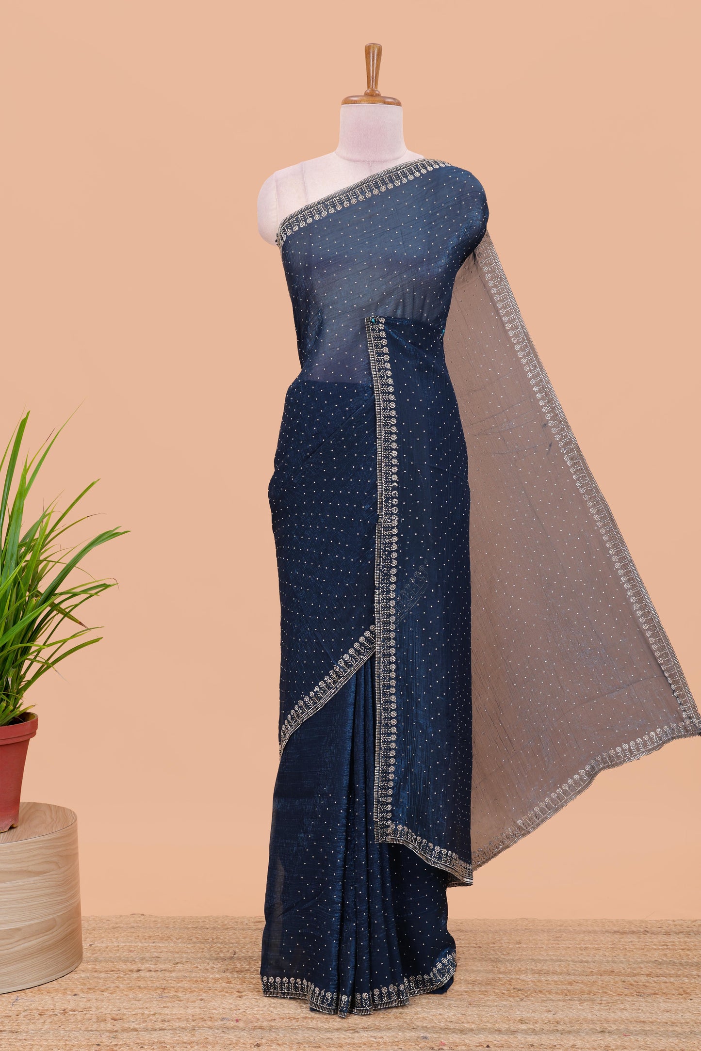 Blue designer georgette space silk saree with heavy stone & beads work, short pallu & contrast sequin embroidered blouse