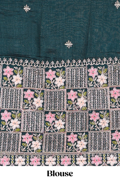 Blue designer georgette space silk saree with heavy stone & beads work, short pallu and contrast sequin embroidered blouse