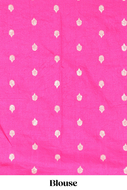 Red viscose dola silk saree with all over checked butta design, contrast zari border and pallu