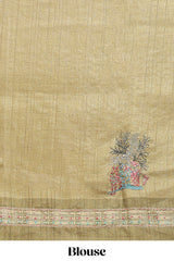Tussar saree in beige tone delicate floral embroidery featuring green borders and woven pallu along with contrast blouse