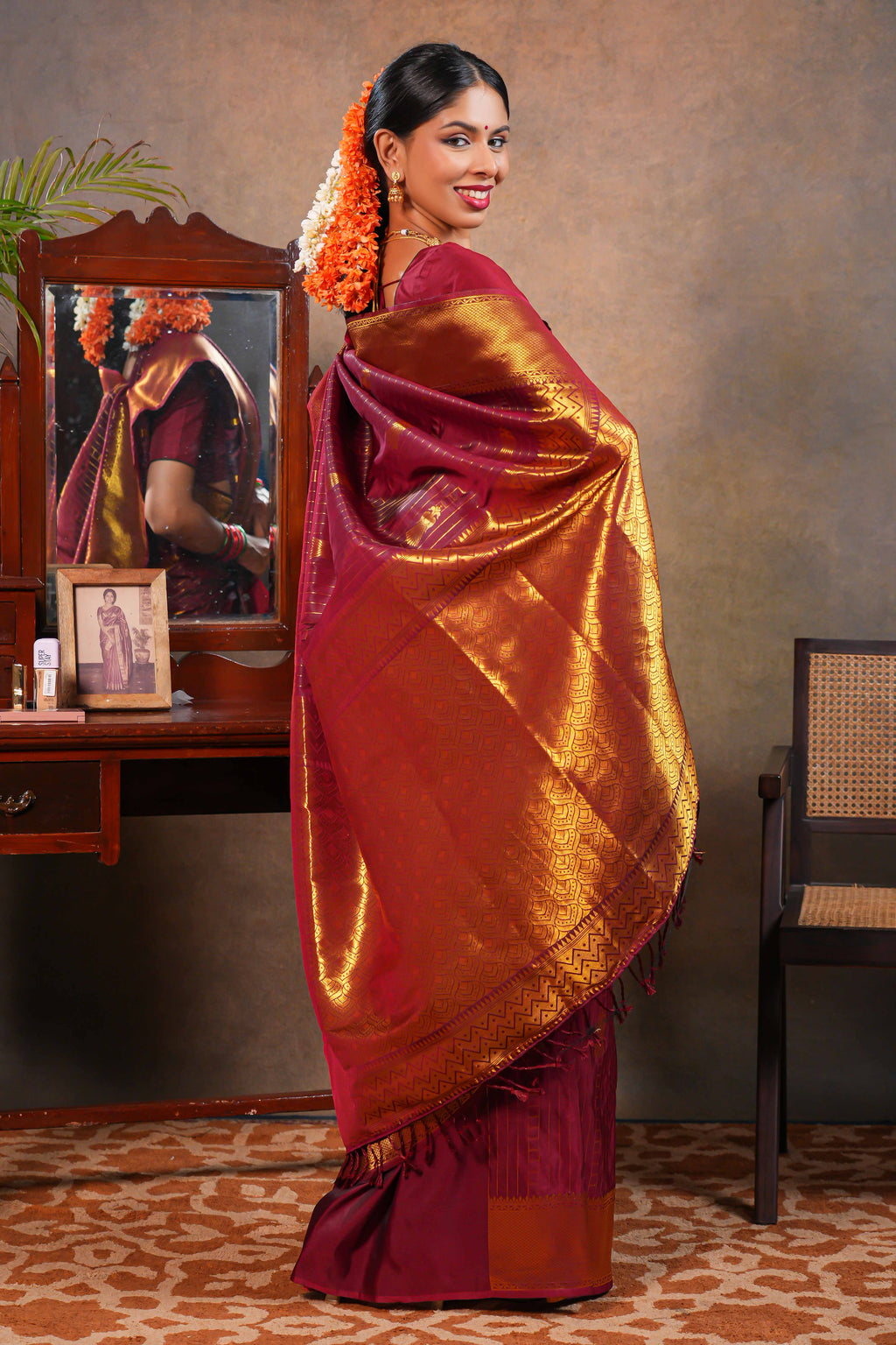 Red Maroon Semi soft Silk Saree Gold Zari Lines and Peacock Buttas  with  Zari Border and Matching Blouse