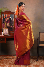 Red Maroon Semi soft Silk Saree Gold Zari Lines and Peacock Buttas  with  Zari Border and Matching Blouse