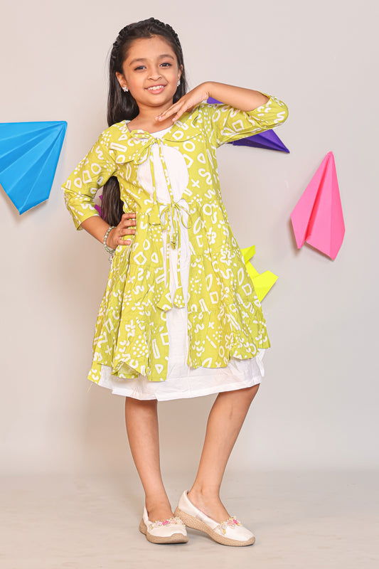Girls Lime Green Geometric Print 2-Piece Shrug Dress Set
