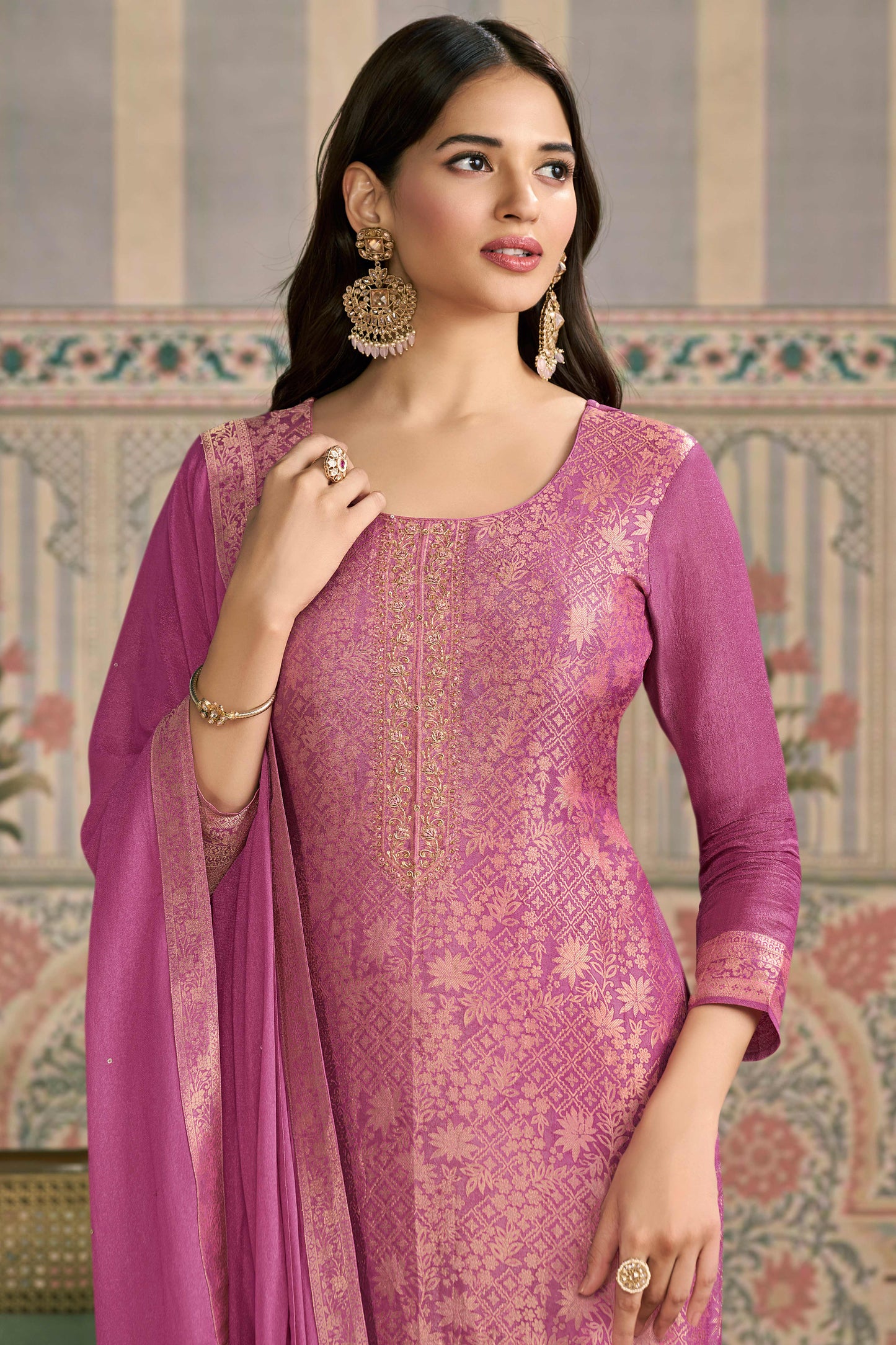 Pink viscose shimmer jacquard chudidhar material set with pant and dupatta