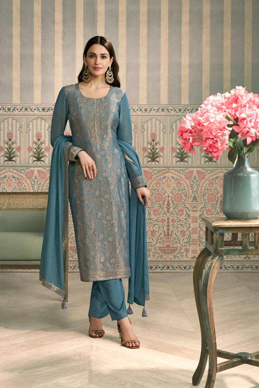 Blue viscose shimmer jacquard chudidhar material set with pant and dupatta