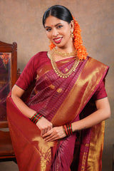 Red Maroon Semi soft Silk Saree Gold Zari Lines and Peacock ButtaswithZari Border and Matching Blouse