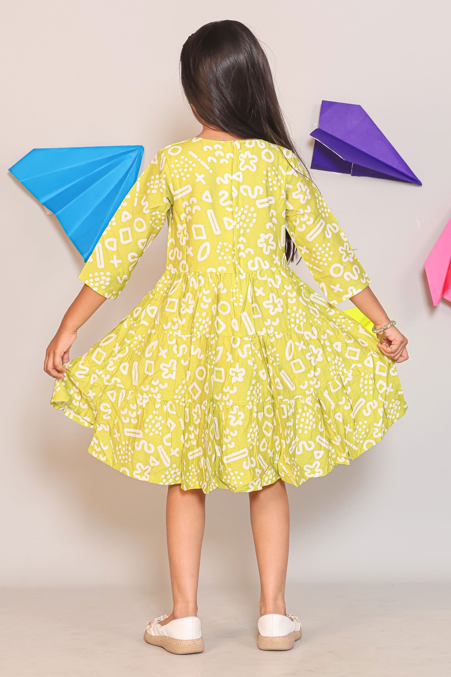 Girls Lime Green Geometric Print 2-Piece Shrug Dress Set