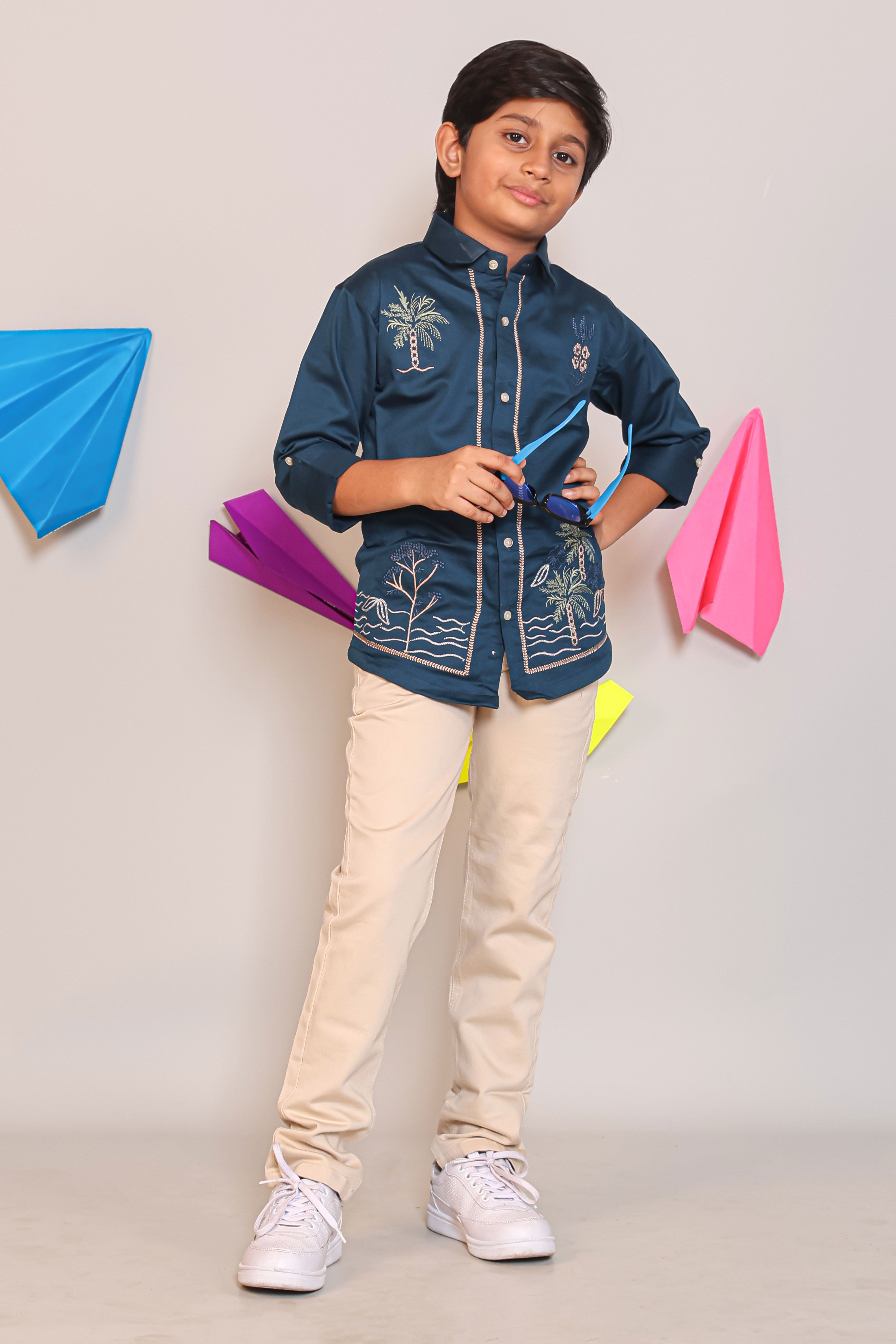 Two Piece Kids Party Wear Outfit - Teal Palm Tree Motif Shirt & Cream Chino Pants