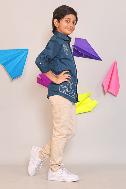 Two Piece Kids Party Wear Outfit - Teal Palm Tree Motif Shirt & Cream Chino Pants