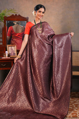 Deep Wine Semi Soft Silk Saree with intricate gold zari floral vine weaving patterns and Rich zari woven pallu with Matching blouse