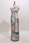 Blue Tussar Saree checkered body artistic elephant and floral prints and contrasting border with tassel along with blouse piece