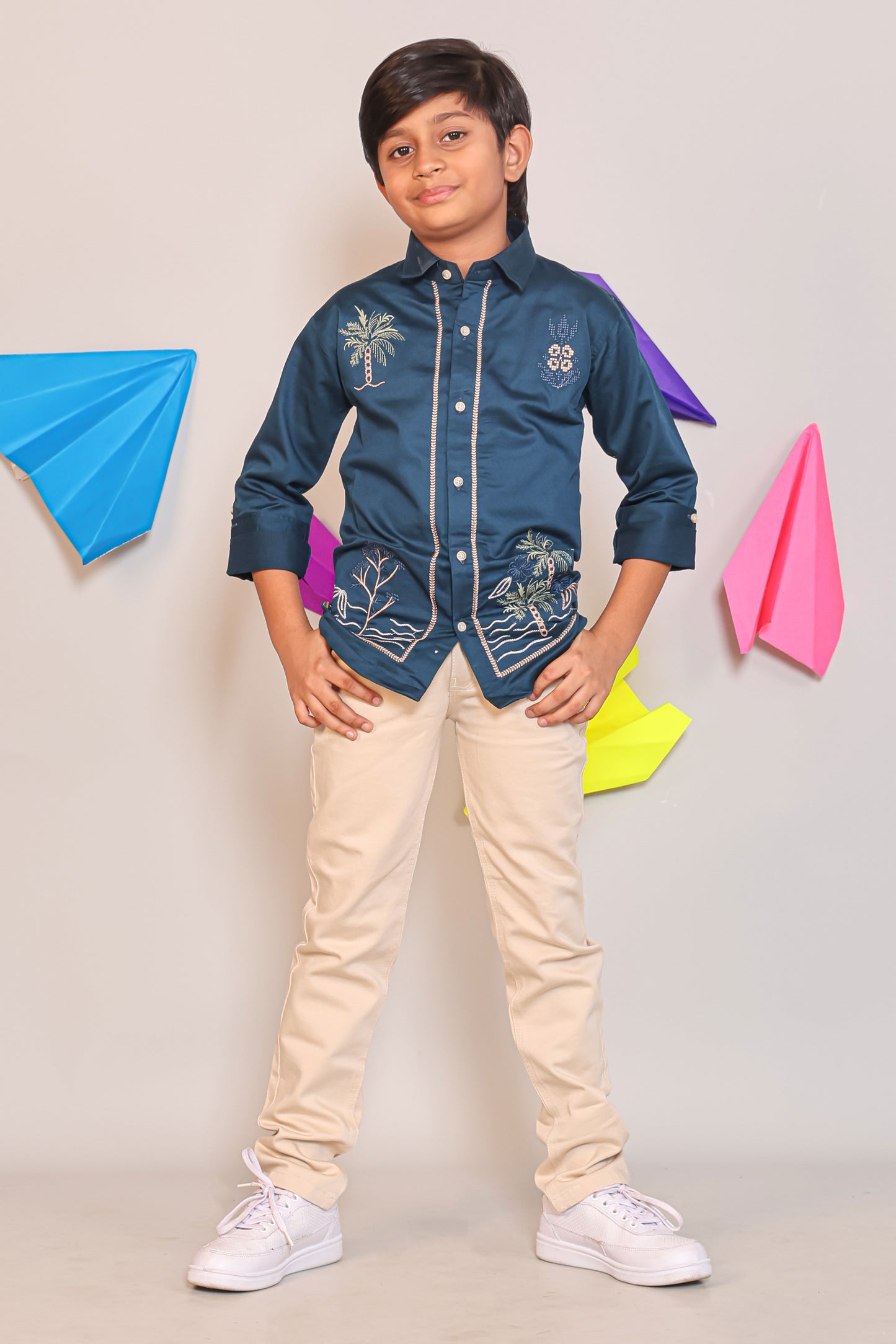 Two Piece Kids Party Wear Outfit - Teal Palm Tree Motif Shirt & Cream Chino Pants