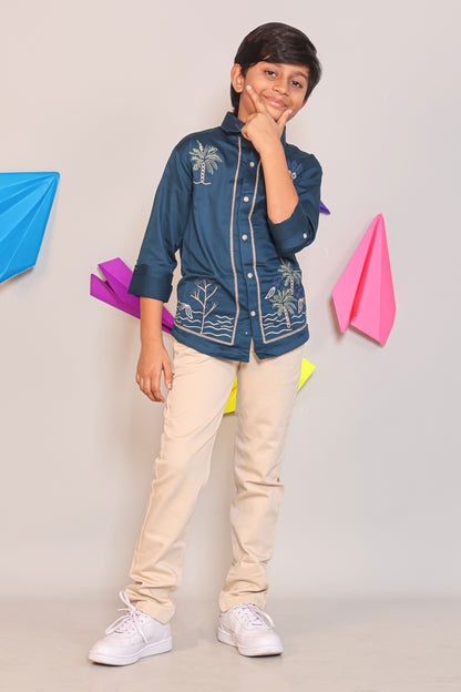 Two Piece Kids Party Wear Outfit - Teal Palm Tree Motif Shirt & Cream Chino Pants
