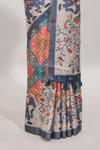 Multicolor Tussar Saree checkered body artistic elephant and floral prints and contrasting border with tassel along with blouse piece