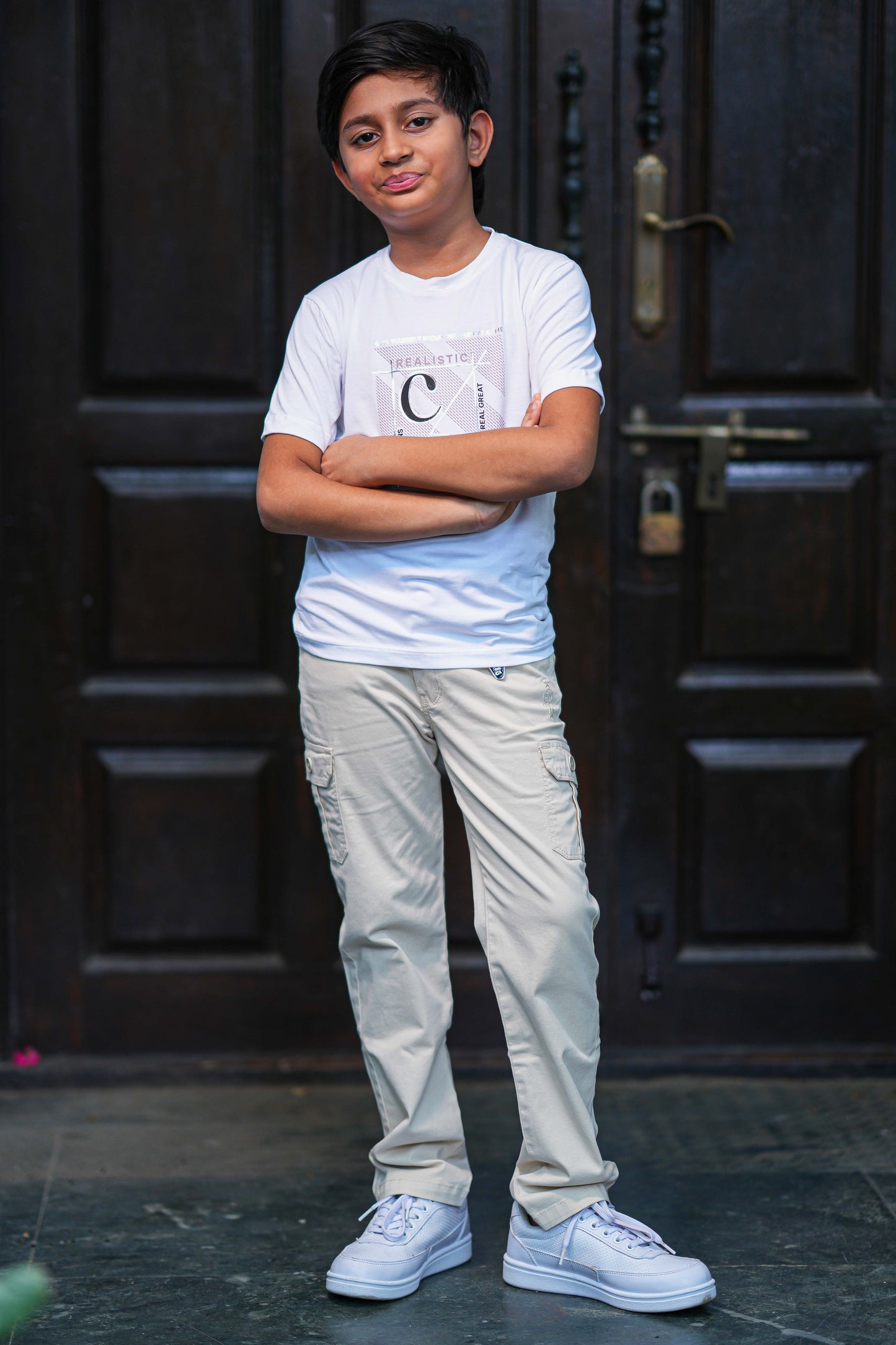 Kids Lavender Button-Down Shirt and Graphic T-Shirt Combo with Cream Cargos