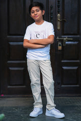 Kids Lavender Button-Down Shirt and Graphic T-Shirt Combo with Cream Cargos