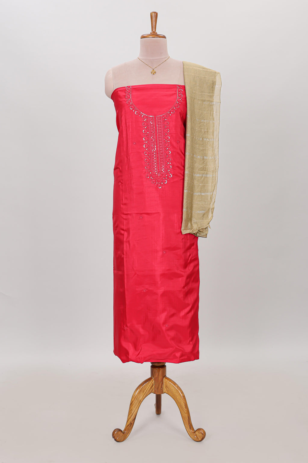 Rani pink embroidery floral motifs chudidhar material with contrast solid pant and contrast striped dupatta