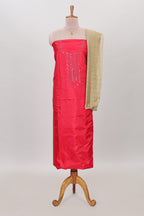 Rani pink embroidery floral motifs chudidhar material with contrast solid pant and contrast striped dupatta
