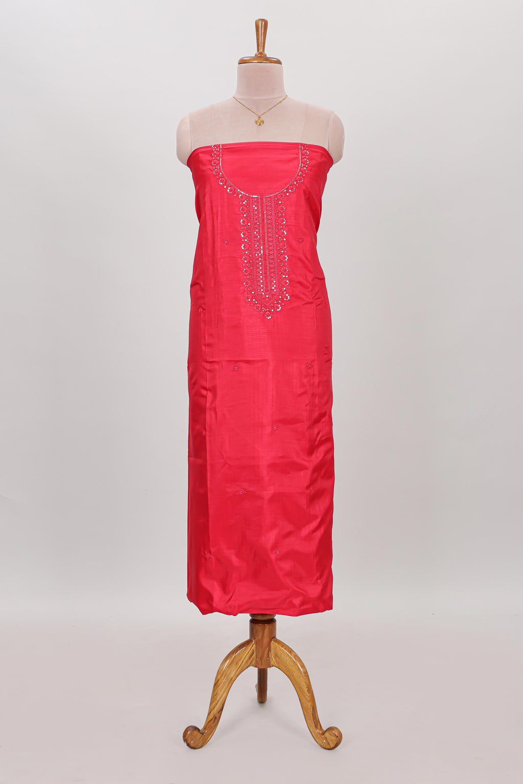 Rani pink embroidery floral motifs chudidhar material with contrast solid pant and contrast striped dupatta