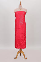 Rani pink embroidery floral motifs chudidhar material with contrast solid pant and contrast striped dupatta