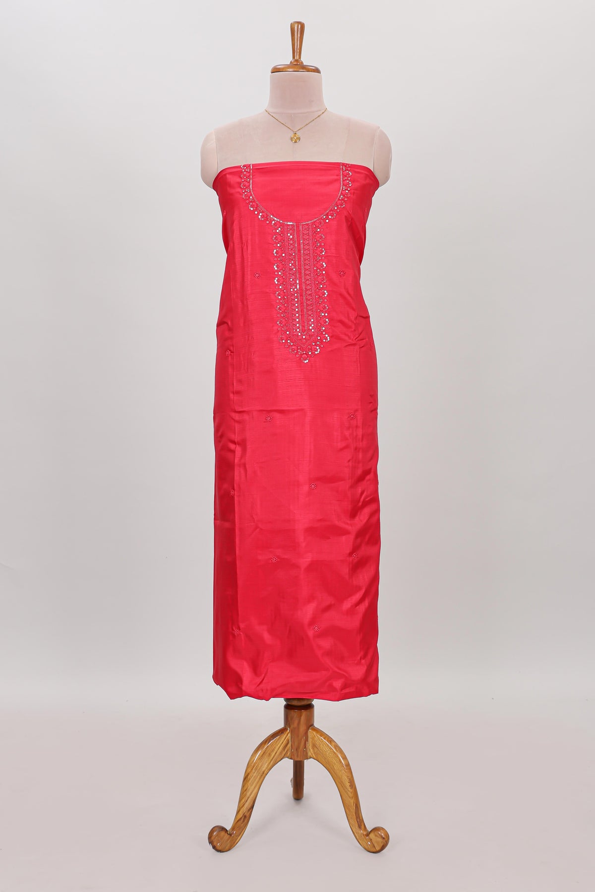 Rani pink embroidery floral motifs chudidhar material with contrast solid pant and contrast striped dupatta