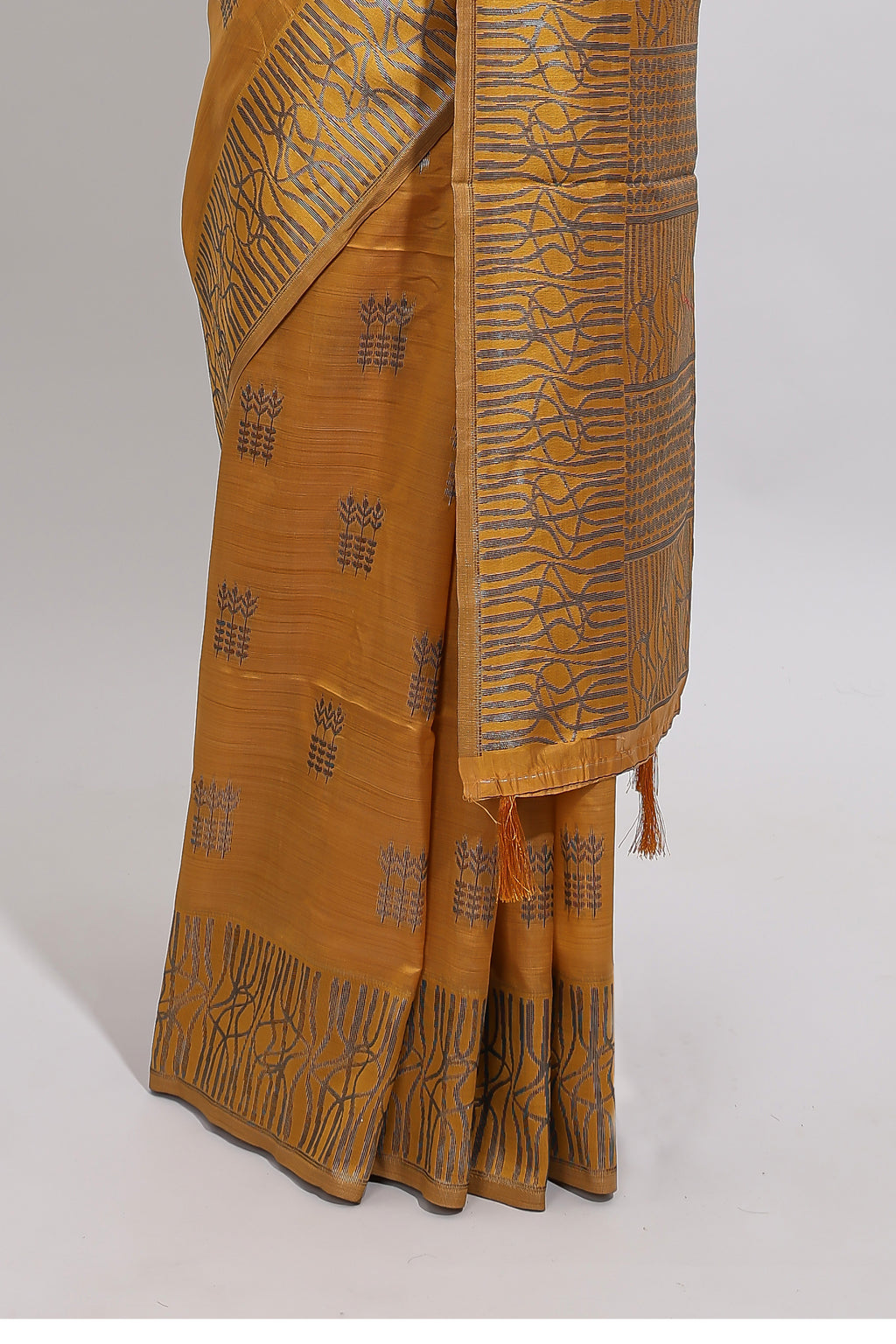 Mustard floral zari motifs design tussar saree with self border matching blouse