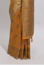 Mustard floral zari motifs design tussar saree with self border matching blouse