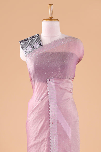 Pink designer georgette space silk saree with heavy stone & beads work, short pallu and contrast sequin embroidered blouse