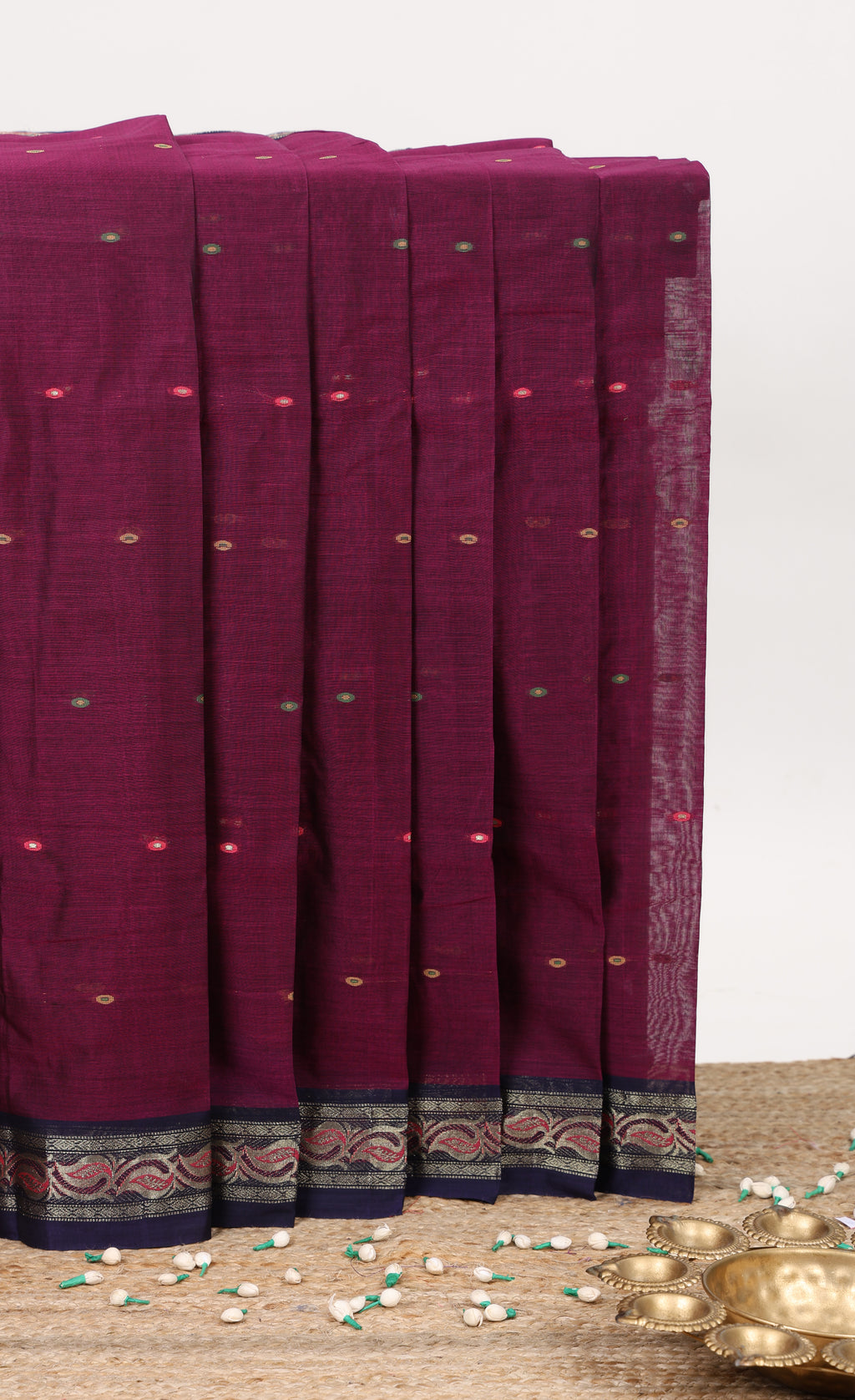 Purple small butta bengal cotton saree with contrast zari border and striped pallu