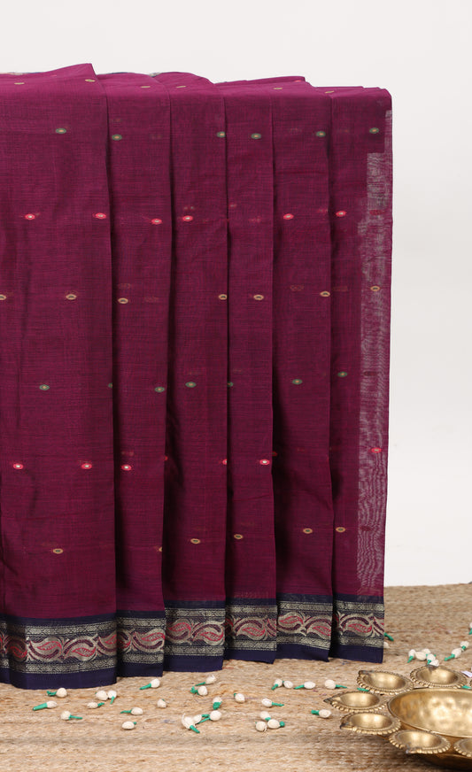 Purple small butta bengal cotton saree with contrast zari border and striped pallu