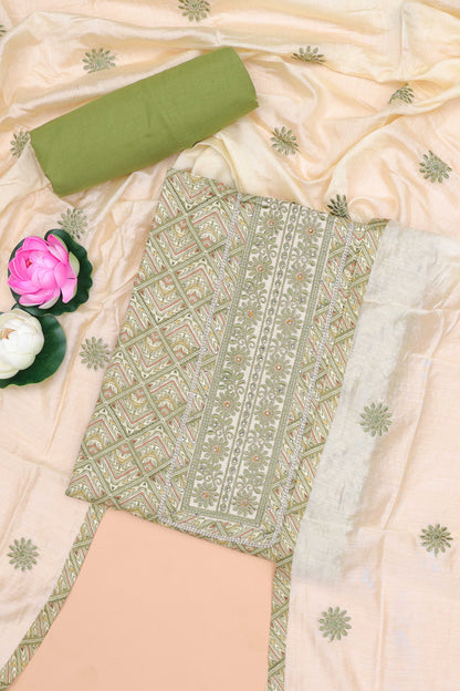 Green cotton geomentrical embroidered chudidhar material with contrast bottom and dupatta