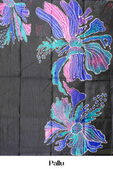 Black south cotton Saree With Multi Color Orchid Printed Across Body Along With White Dotted Blouse