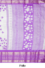 White Dola Silk Saree Leaf Motifs Across The Body With Golden Zari Weaving Border Along With Contrast Blouse