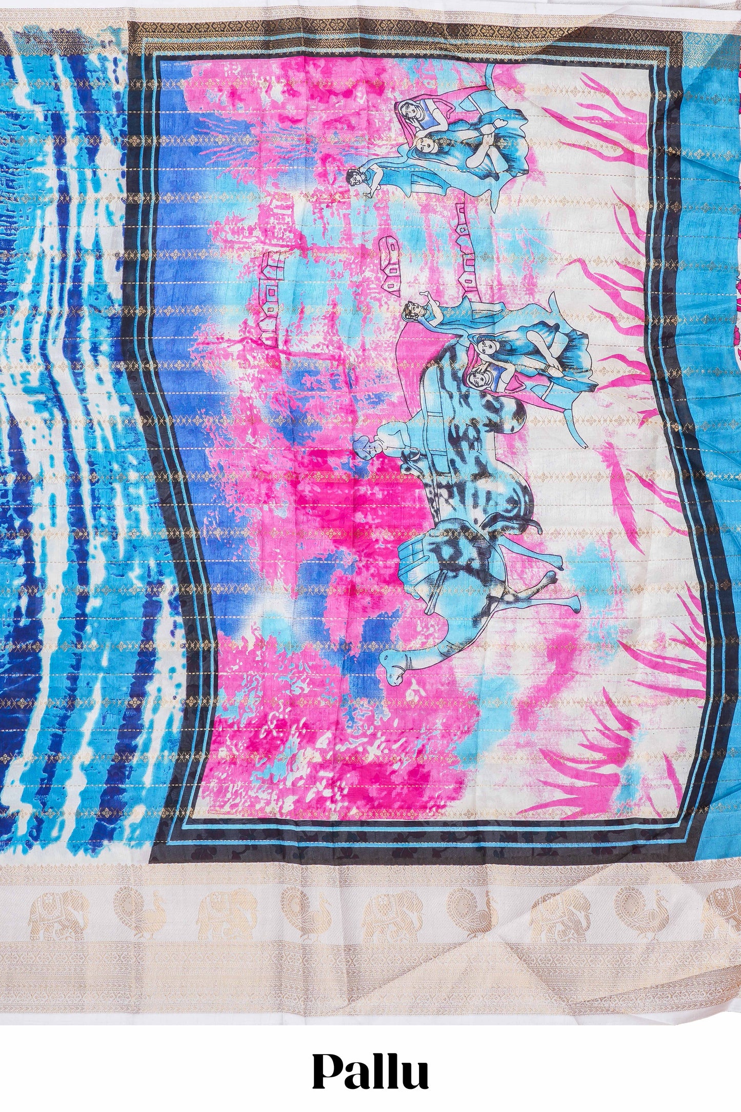 dolo silk saree with tie and dye abstract print all over body with kanchipuram border and rajastani village art pallu and floral print blouse