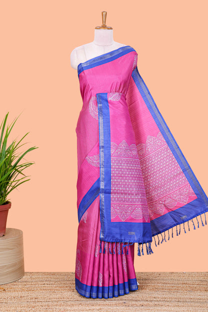 Pink striped floral butta art tussar saree with contrast zari border and matching pallu