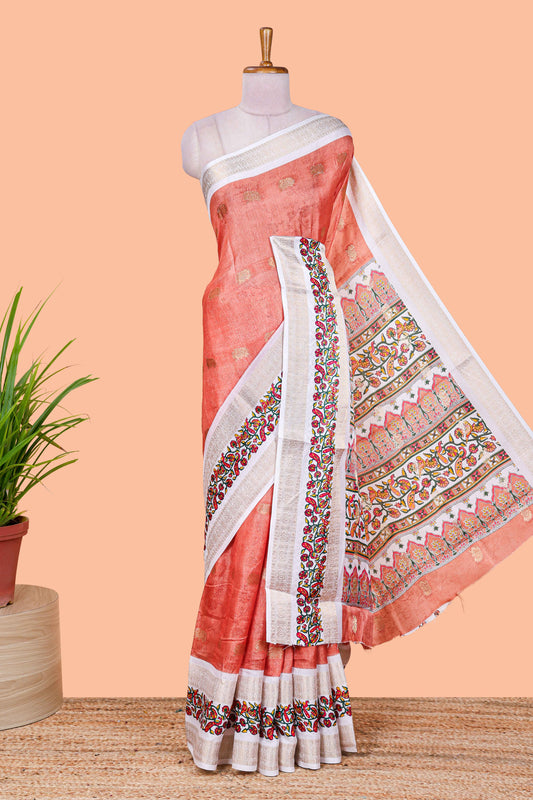 Orange peacock zari butta dola silk saree with contrast floral vine border and printed blouse