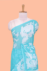 Turquoise green linen cotton floral and birds print saree with self border and matching printed blouse