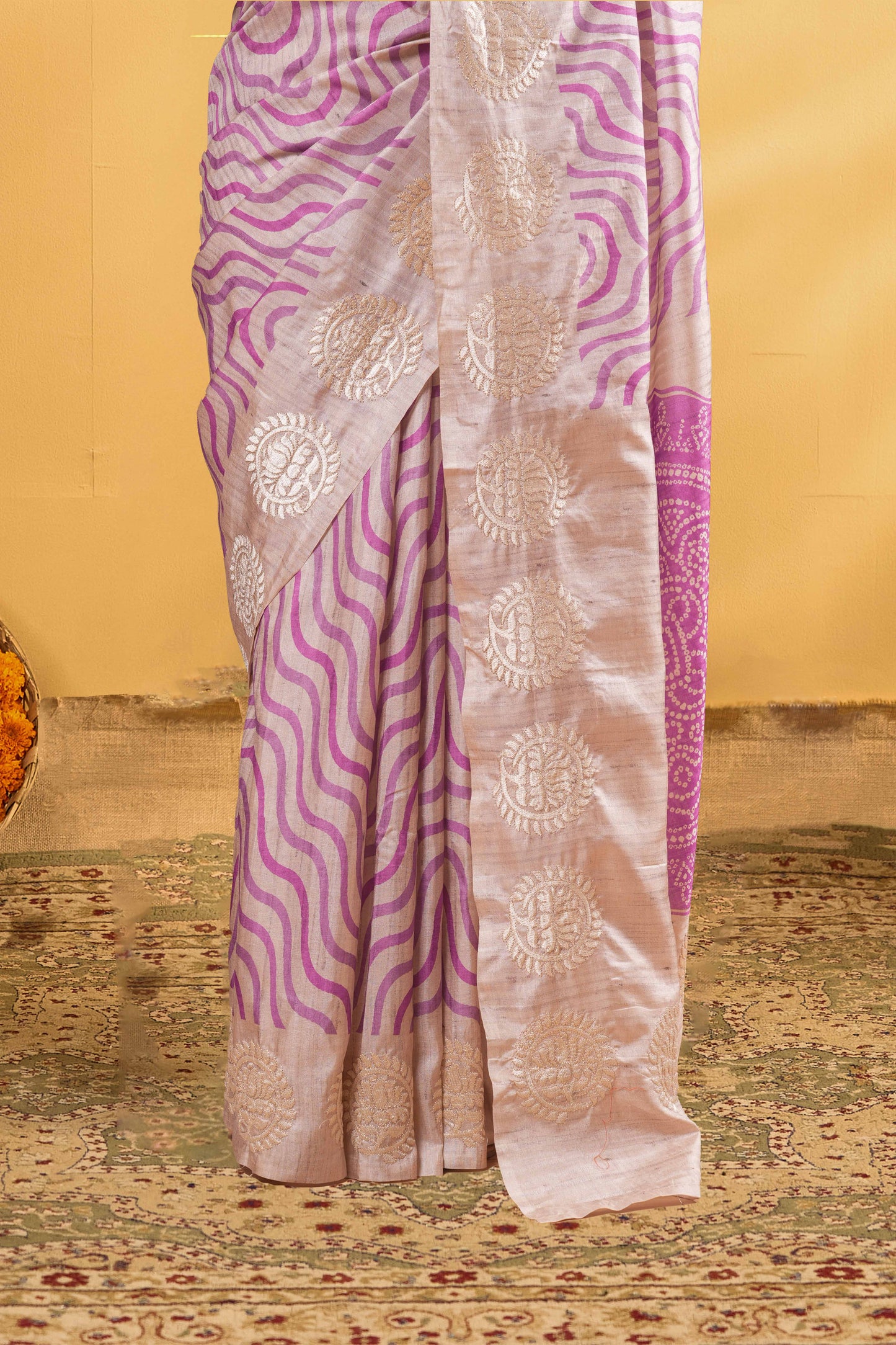 Sandal Art Tussar Saree Pink Abstract Design Across The Body With Lotus Embroidery Border Bandhani Print Pallu