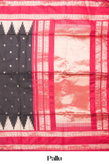 Black Semi Art Silk Saree Delicate Golden Zari Motifs Along With Thalampoo Zari Woven Across The BodyZari Weaving And Contrast Pallu