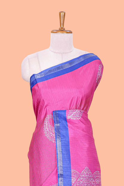 Pink striped floral butta art tussar saree with contrast zari border and matching pallu