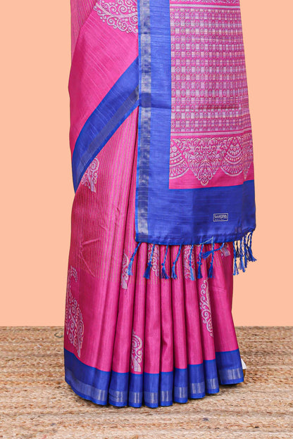 Pink striped floral butta art tussar saree with contrast zari border and matching pallu
