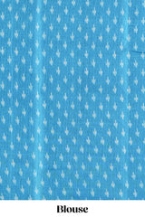 Blue & white geometric ikkat style south cotton saree with striped pallu and blouse