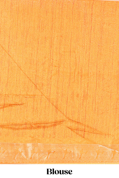 Cream floral design semi dola silk saree with contrast orange zari border an blouse