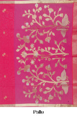 Pink Munga Cotton Zari Butta With Gold Zari Floral Design Pallu