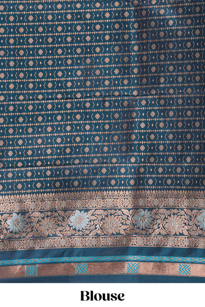 Bluish Green Banaras Satin Silk Saree All Over Body Woven Jaal Design