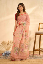 Peach Linen Sarees With Aari Work And Digital Printed