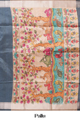 Chappa Tussar Saree Body Plain With Kalamkari Print Pallu Along With Flower Motifs Blouse