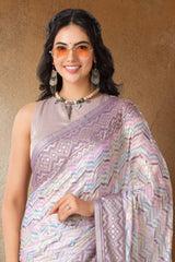 Lavender Brasso Saree Chevron DesignFoil PrintAcross The Body With Contrast Rich Pallu