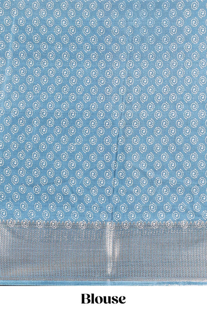 Sky Blue Semi Banaras Dola Silk Floral Printed With Jacquard Border